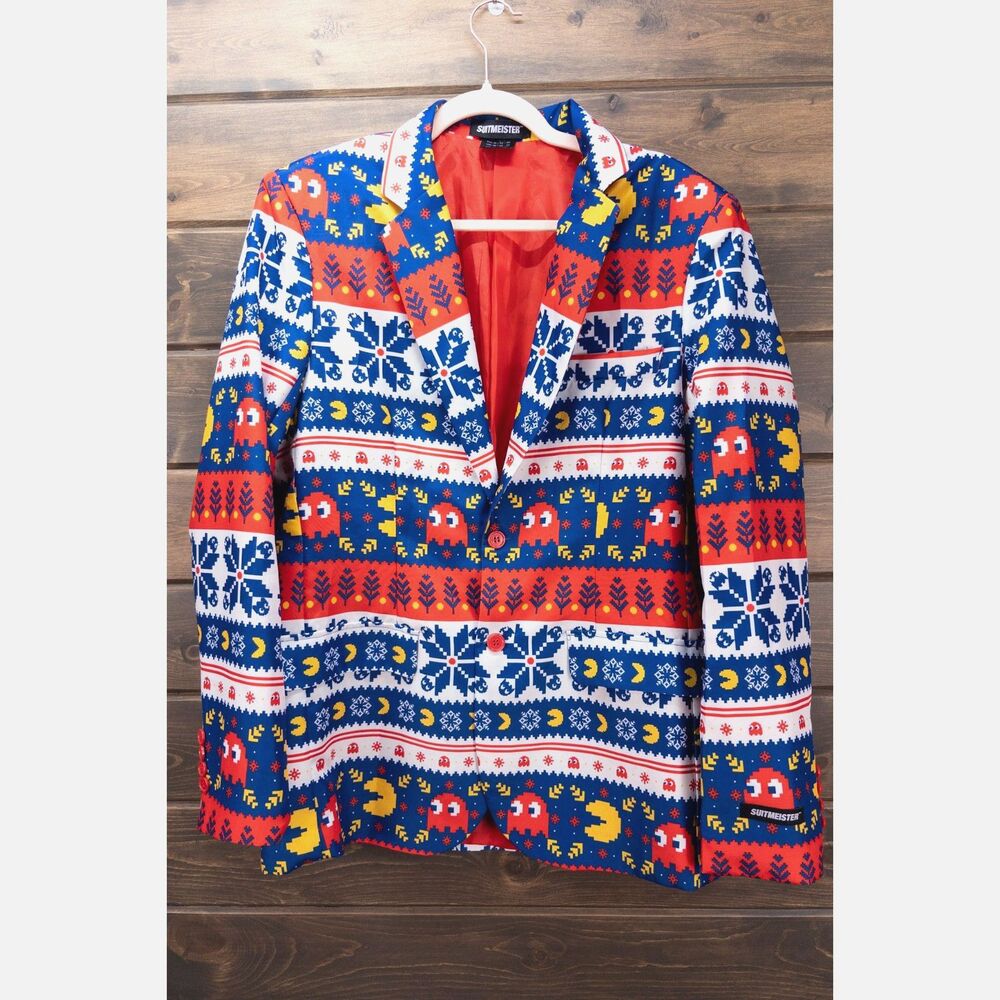Suitmeister Pac-Man Fair Isle Christmas Blazer Ugly Holiday Jacket Mens Medium